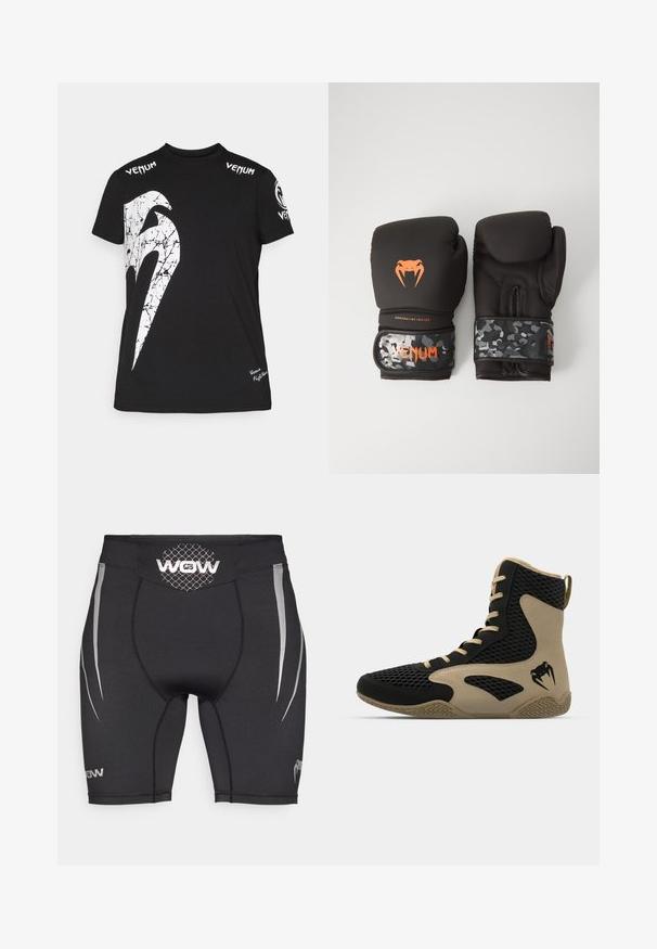 Black cotton t-shirt featuring a large white cracked graphic on the front, Venum logo on shoulders, and a small logo at the hem.; Black athletic shorts made of stretch nylon, featuring silver side accents, a mesh waistband, and logo detailing on the lower front and back.; High-top athletic shoe featuring a black mesh exterior with beige accents. Textured rubber sole and logo detail on the side.; Black boxing gloves with a matte finish and ergonomic design. Orange logo detailing and camouflage-patterned wrist straps.