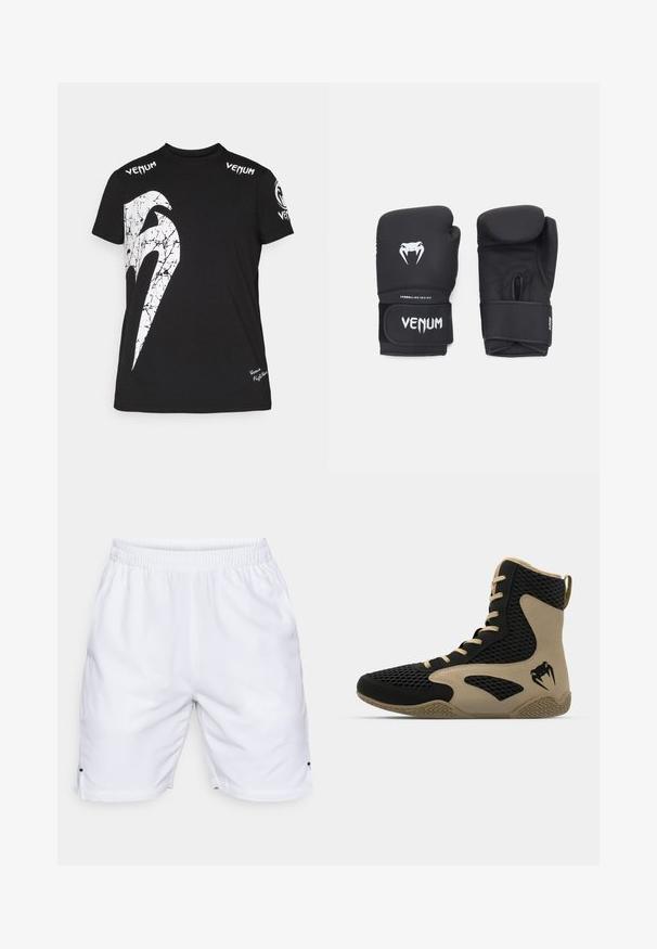 Melnā kokvilnas t-krekls ar lielu baltu saplaisājušu grafiku priekšā, Venum logo uz pleciem un mazu logo pie apakšmalas.; Balti sporta šorti, kas izgatavoti no viegla auduma. Iekļauta elastīga josta un mazi sānu ventilācijas atveres apakšējā malā. Nav redzamu rakstu vai akcents.; Augstas augšas sporta apavi ar melnu sietiņu ārpusi un bežām akcentiem. Strukturēta gumijas zole un logo detalizācija sānos.; Melnas boksa cimdi ar gludu virsmu, ar baltu "Venom" logo un regulējamu stiprinājumu ar āķi un cilpu, nodrošinot drošu piegulšanu.
