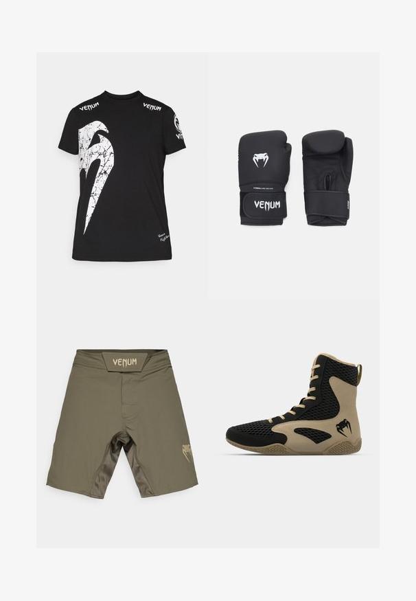 Black cotton t-shirt featuring a large white cracked graphic on the front, Venum logo on shoulders, and a small logo at the hem.; Olive green Venum shorts made of stretchy fabric. Features a logo in gold on the left leg and a wide waistband for comfort.; High-top athletic shoe featuring a black mesh exterior with beige accents. Textured rubber sole and logo detail on the side.; Black boxing gloves with a smooth texture, featuring a white venom logo and adjustable hook-and-loop strap for secure fit.