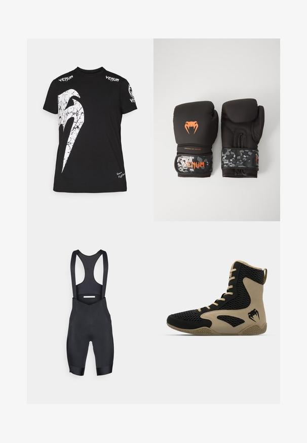 Black cotton t-shirt featuring a large white cracked graphic on the front, Venum logo on shoulders, and a small logo at the hem.; Black cycling bib shorts made of stretchy fabric, featuring adjustable straps, a mesh back, and a padded seat for comfort.; High-top athletic shoe featuring a black mesh exterior with beige accents. Textured rubber sole and logo detail on the side.; Black boxing gloves with a matte finish and ergonomic design. Orange logo detailing and camouflage-patterned wrist straps.