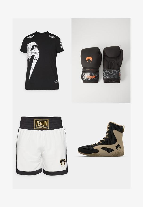 T-shirt preta de algodão com um grande gráfico branco rachado na parte da frente, logotipo da Venum nos ombros e um pequeno logotipo na bainha.; Calções de boxe brancos com detalhes em preto. A cintura elástica apresenta um rótulo dourado "Venum Pro Boxing". Logótipo de cobra preto bordado na lateral.; Sapatilha desportiva de cano alto com um exterior em malha preta e detalhes em bege. Sola de borracha texturada e detalhe do logótipo na lateral.; Luvas de boxe pretas com acabamento mate e design ergonómico. Detalhes do logótipo em laranja e tiras de pulso com padrão de camuflagem.