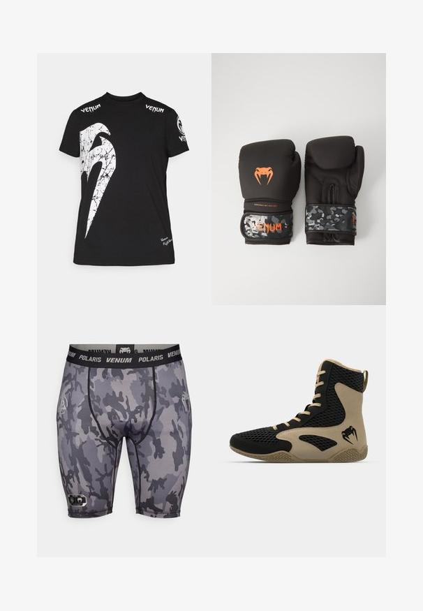 Zwarte katoen t-shirt met een grote witte gebarsten grafiek op de voorkant, Venum-logo op de schouders en een klein logo aan de zoom.; Grijze camouflage compressieshorts met een zwarte tailleband met de tekst "Venum Polaris". Soepele textuur met versterkte naden en logo detail.; Hoge sportieve schoen met een zwart gaasexterieur en beige accenten. Gestructureerde rubberen zool en logo-detail aan de zijkant.; Zwarte bokskampen met een matte afwerking en ergonomisch ontwerp. Oranje logo-details en camouflage-gepatenteerde polsbanden.