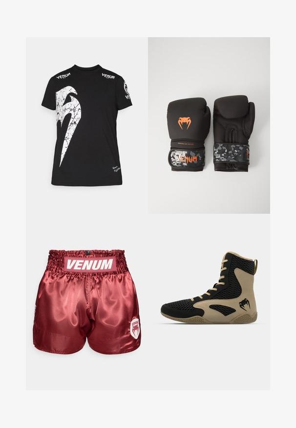 Čierne bavlnené tričko s veľkým bielym prasknutým grafikom na prednej strane, logom Venum na pleciach a malým logom na leme.; Červené športové šortky zo saténu so stiahnutým pásom. Na zadnej strane je biele logo VENUM a na boku logo nášivka. Hladká textúra.; Vysoké športové topánky s čiernou sieťovinou a béžovými akcentmi. Štruktúrovaná gumová podrážka a detail loga na boku.; Čierne boxerské rukavice s matným povrchom a ergonomickým dizajnom. Oranžové logo a manžety s maskáčovým vzorom.