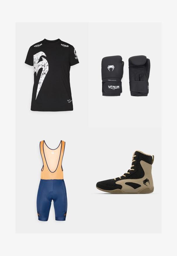 Juodas medvilnės marškinėliai su dideliu baltu pramuštu grafiniu dizainu priekyje, Venum logotipas ant pečių ir mažas logotipas ant krašto.; Mėlyni dviračių šortai su oranžiniais tinkliniais petnešomis, paminkštinta sėdyne ir kontrastingo logotipo detaliu. Įrengti prigludęs dizainas ir lygus paviršius.; Aukštesni sportiniai batai, turintys juodą tinklinį paviršių su smėlio spalvos akcentais. Tekstūruota gumos pašiūrė ir logotipo detalė šonėje.; Juodos bokso pirštinės su lygiu paviršiumi, su baltu "Venom" logotipu ir reguliuojamu kabliuko ir kilpelės dirželiu, užtikrinančiu saugų prigludimą.