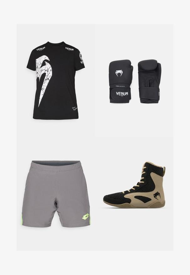 Black cotton t-shirt featuring a large white cracked graphic on the front, Venum logo on shoulders, and a small logo at the hem.; Gray athletic shorts with an elastic waistband and light green accents, featuring a logo on the lower right leg. Smooth texture.; High-top athletic shoe featuring a black mesh exterior with beige accents. Textured rubber sole and logo detail on the side.; Black boxing gloves with a smooth texture, featuring a white venom logo and adjustable hook-and-loop strap for secure fit.