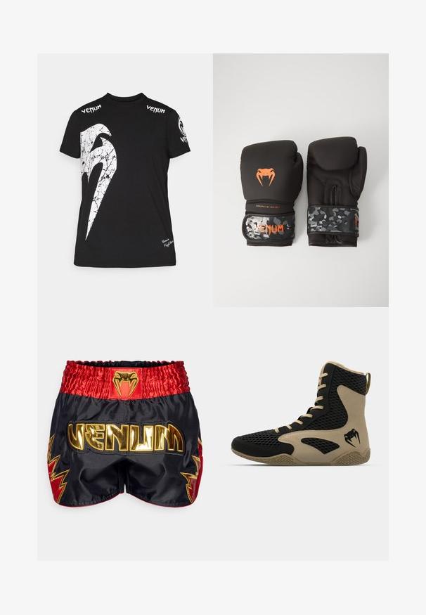 Fekete pamut póló, amelyen egy nagy, fehér, repedezett grafika található az elején, a Venum logó a vállakon, és egy kis logó a szegélyen.; Venum INFERNO 2.0 MUAY THAI SHORTS - Sport rövidnadrágok - deep black/cherry red; Felsőrészes sportcipő fekete hálós külsővel, bézs dzsungelrészletekkel. Texturált gumitalp és logó részlet az oldalon.; Fekete bokszkesztyűk matt felülettel és ergonómikus kialakítással. Narancssárga logó részletek és álcázó mintázatú csuklóhevederek.