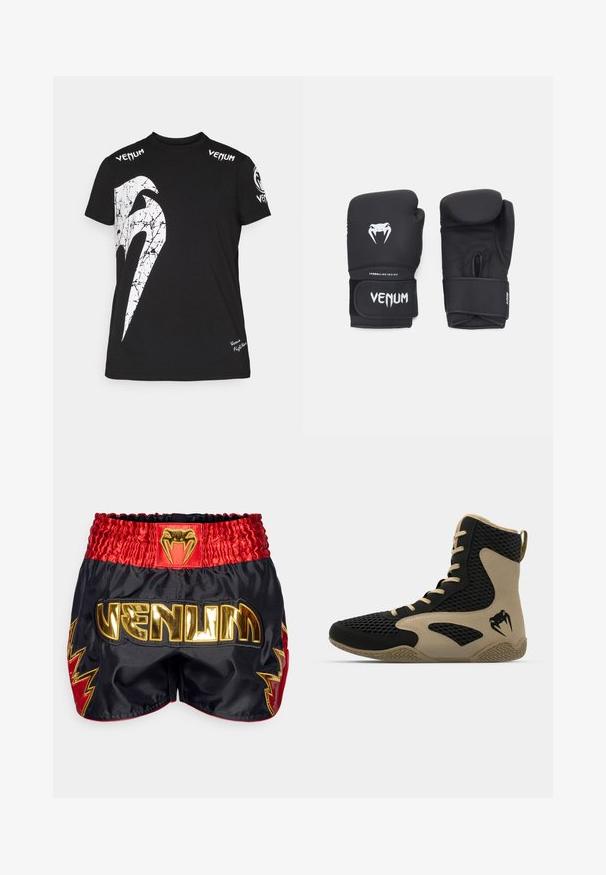 T-shirt preta de algodão com um grande gráfico branco rachado na parte da frente, logotipo da Venum nos ombros e um pequeno logotipo na bainha.; Venum INFERNO 2.0 MUAY THAI SHORTS - Calções desportivos - deep black/cherry red; Sapatilha desportiva de cano alto com um exterior em malha preta e detalhes em bege. Sola de borracha texturada e detalhe do logótipo na lateral.; Luvas de boxe pretas com uma textura suave, apresentando um logótipo branco da Venom e uma faixa ajustável com fecho de velcro para um ajuste seguro.