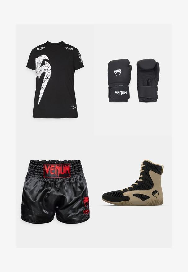 Črna bombažna majica s kratkimi rokavi, ki na sprednji strani vsebuje veliko belo razpokana grafiko, Venum logotip na ramenih in majhen logotip na robu.; Črne satenske boksarske kratke hlače z širokim elastičnim pasom, na katerem je rdeči logotip "VENUM" ter rdeča grafika na spodnji strani.; Športni čevlji z visokim zgornjim delom z črnim mrežastim zunanjim materialom in bež poudarki. Teksturiran gumijast podplat in podrobnost logotipa na strani.; Črne boksarske rokavice z gladko teksturo, opremljene z belim logotipom Venom in prilagodljivo zaponko na ježka za trden oprijem.