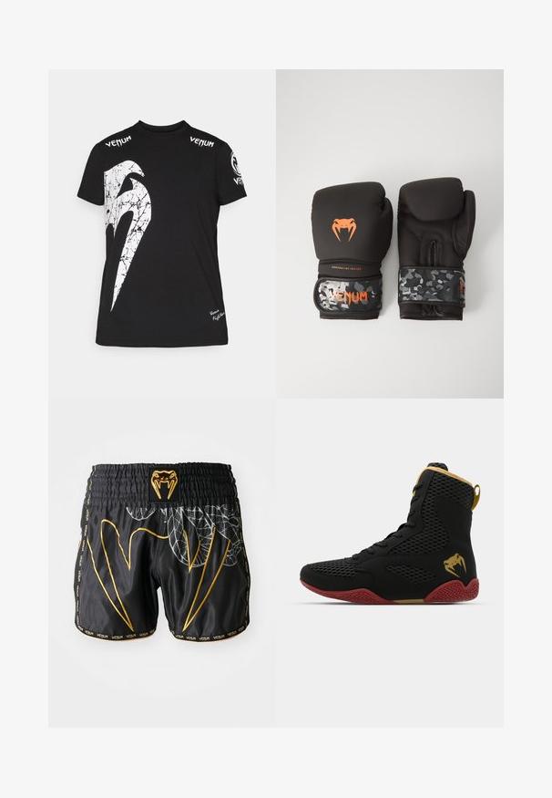 Črna bombažna majica s kratkimi rokavi, ki na sprednji strani vsebuje veliko belo razpokana grafiko, Venum logotip na ramenih in majhen logotip na robu.; Črne športne kratke hlače z teksturiranim vzorcem, ki imajo zlate detajle, logotip in kontrastno šivanje. Elastični pas z blagovno znamko.; Športni čevlj z visokim zgornjim delom, izdelan iz črnega mrežastega in sintetičnega materiala, z teksturiranimi poudarki, rdečim gumo podplatom in zlatimi detajli na gležnju.; Črne boksarske rokavice z mat površino in ergonomsko zasnovo. Detajli v oranžni barvi in zapestnice v vojaškem vzorcu.