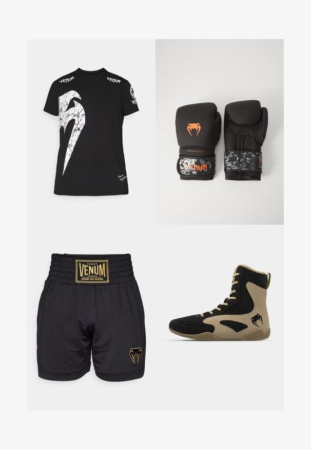Mustan puuvillan t-paita, jossa on suuri valkoinen halkeillut graafinen kuvio edessä, Venum-logo hartioilla ja pieni logo helman kohdalla.; Mustat bokserihousut, joissa on teksturoitu elastinen vyötärö, ja joissa on erityinen kulta "Venum Pro Boxing" -logo ja käärme-logo lahkeessa.; Korkean varren urheilukengät, joissa on musta verkkopinta beigeillä yksityiskohdilla. Hieman teksturoitu kumipohja ja logokuvaus sivussa.; Mustat nyrkkeilyhanskat, joissa on mattapinta ja ergonominen muotoilu. Oranssit logot yksityiskohtina ja maastokuvioidut rannekkeen hihnat.