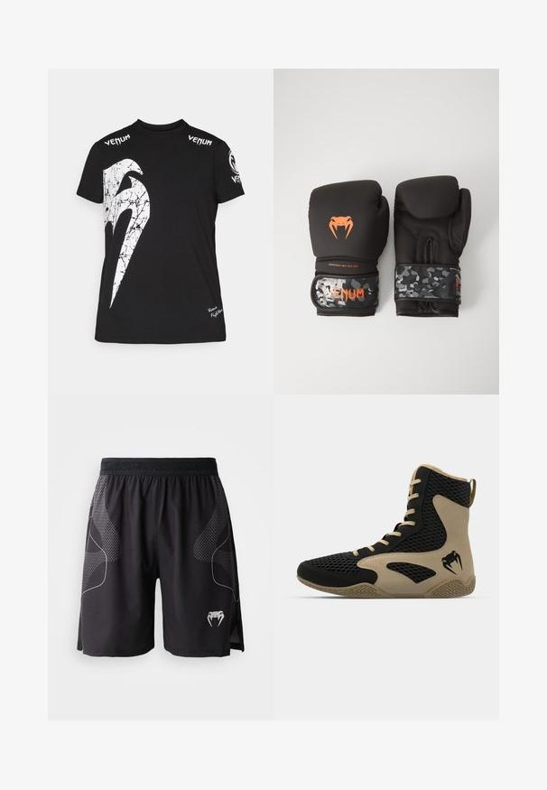 Svart bomulls t-skjorte med et stort hvitt sprukket grafikk på forsiden, Venum-logo på skuldrene, og en liten logo nederst.; Svarte treningshorts med teksturerte sidepaneler, elastisk midje og en hvit fanget slange-logo nederst til venstre på benet.; Høye idrettssko med svart nettverksutside og beige detaljer. Teksturert gummisåle og logo på siden.; Svarte boksinghansker med matt finish og ergonomisk design. Oransje logo-detaljer og håndleddsstropper med kamuflasjemønster.