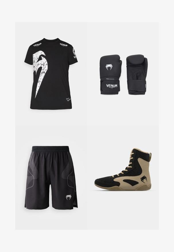 Svart bomulls t-skjorte med et stort hvitt sprukket grafikk på forsiden, Venum-logo på skuldrene, og en liten logo nederst.; Svarte treningshorts med teksturerte sidepaneler, elastisk midje og en hvit fanget slange-logo nederst til venstre på benet.; Høye idrettssko med svart nettverksutside og beige detaljer. Teksturert gummisåle og logo på siden.; Svarte boksehansker med en glatt tekstur, med en hvit Venom-logo og justerbar borrelåsstropp for sikker passform.