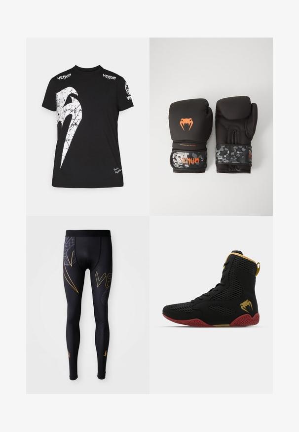 Fekete pamut póló, amelyen egy nagy, fehér, repedezett grafika található az elején, a Venum logó a vállakon, és egy kis logó a szegélyen.; Fekete atletikai leggings sima textúrával, arany kiegészítőkkel és grafikus mintázattal a lábakon. Rugalmas derékpánt a kényelem érdekében.; Felső sportcipő fekete hálós és szintetikus anyagból, texturált díszítésekkel, piros gumitalppal és arany részletekkel a bokán.; Fekete bokszkesztyűk matt felülettel és ergonómikus kialakítással. Narancssárga logó részletek és álcázó mintázatú csuklóhevederek.