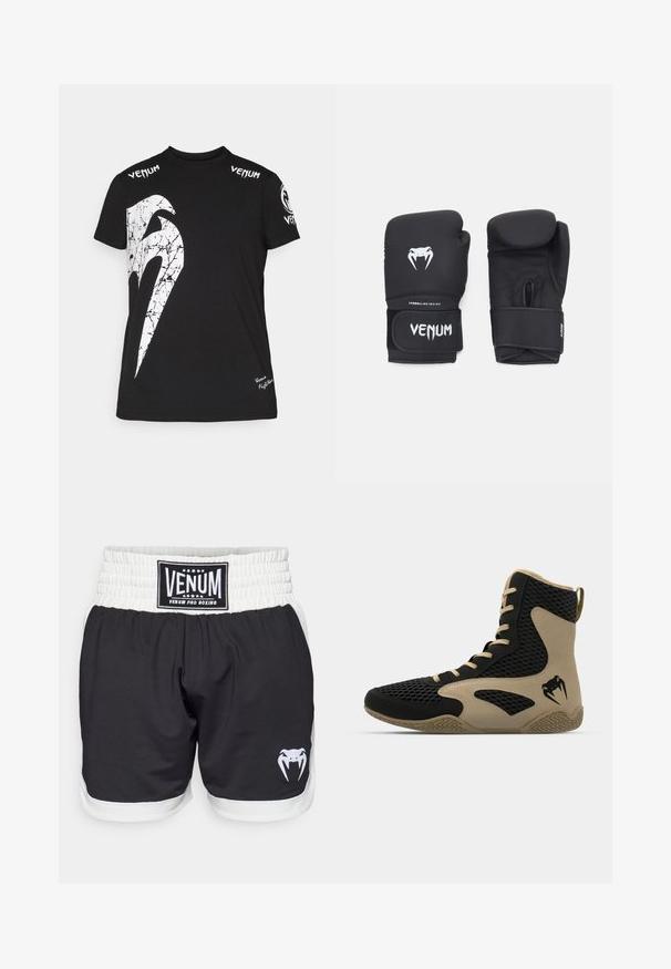 Svart bomulls t-skjorte med et stort hvitt sprukket grafikk på forsiden, Venum-logo på skuldrene, og en liten logo nederst.; Svarte bokse shorts med hvit midje, med VENUM-logo og et slange grafikk i hvitt. Laget av lett, slitesterkt materiale.; Høye idrettssko med svart nettverksutside og beige detaljer. Teksturert gummisåle og logo på siden.; Svarte boksehansker med en glatt tekstur, med en hvit Venom-logo og justerbar borrelåsstropp for sikker passform.