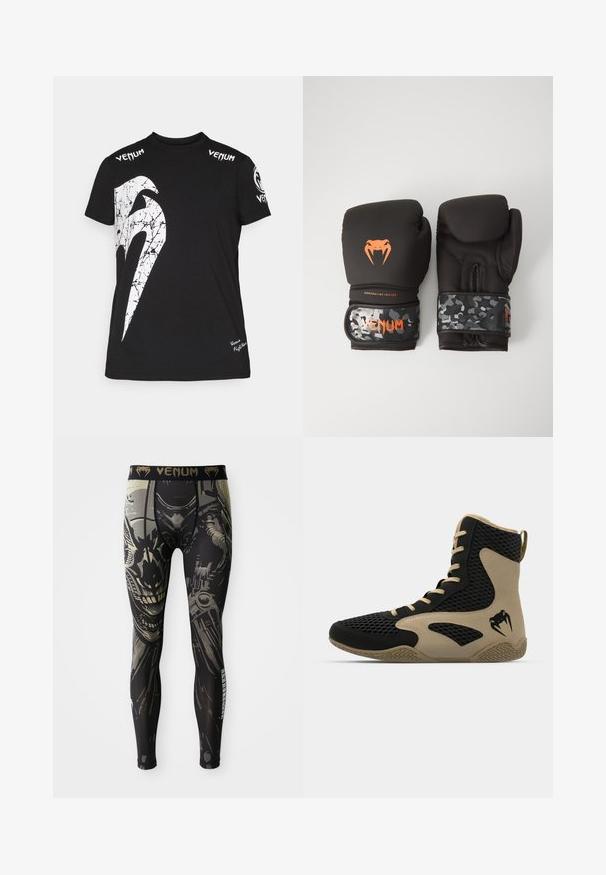 T-shirt nera in cotone con una grande grafica bianca crepata sul davanti, logo Venum sulle spalle e un piccolo logo sull'orlo.; Leggings a compressione neri e grigi con un design dettagliato di un volto di robot o cyborg e il logo "VENUM" sulla vita.; Scarpa sportiva alta con esterno in rete nera e dettagli color beige. Suola in gomma testurizzata e logo sul lato.; Guanti da boxe neri con finitura opaca e design ergonomico. Dettagli del logo arancione e cinturini per il polso a motivo camouflage.