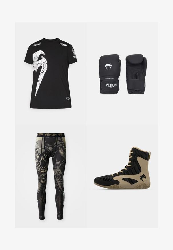 Black cotton t-shirt featuring a large white cracked graphic on the front, Venum logo on shoulders, and a small logo at the hem.; Black and gray compression leggings with a detailed robot or cyborg face design and "VENUM" logo on the waistband.; High-top athletic shoe featuring a black mesh exterior with beige accents. Textured rubber sole and logo detail on the side.; Black boxing gloves with a smooth texture, featuring a white venom logo and adjustable hook-and-loop strap for secure fit.