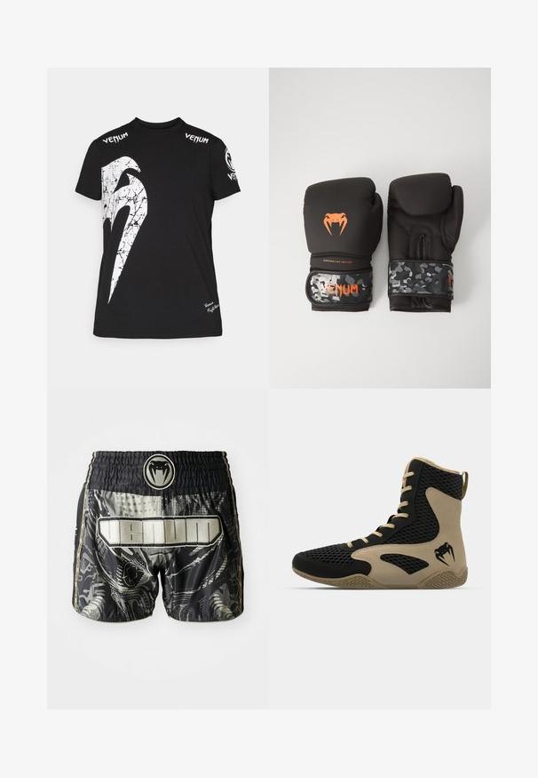 Zwarte katoen t-shirt met een grote witte gebarsten grafiek op de voorkant, Venum-logo op de schouders en een klein logo aan de zoom.; Zwarte en grijze korte broek met een elastische tailleband, voorzien van een logo en de tekst "VENUM" in een gedurfde, glanzende stof.; Hoge sportieve schoen met een zwart gaasexterieur en beige accenten. Gestructureerde rubberen zool en logo-detail aan de zijkant.; Zwarte bokskampen met een matte afwerking en ergonomisch ontwerp. Oranje logo-details en camouflage-gepatenteerde polsbanden.