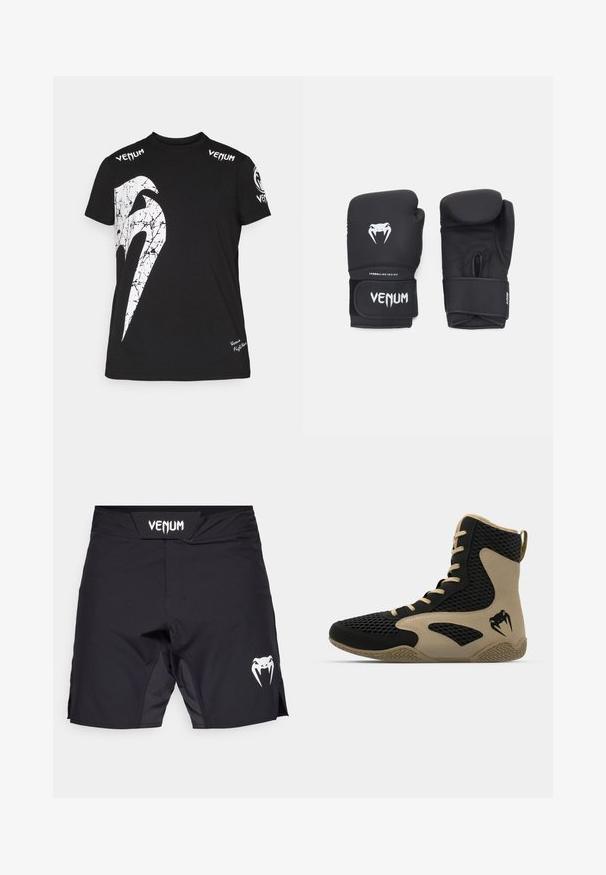 Camiseta de algodón negra con un gran gráfico blanco agrietado en el frente, logo de Venum en los hombros y un pequeño logo en el dobladillo.; Pantalones cortos deportivos negros con una cinturilla plana que presenta un logo blanco de "Venum" y un gráfico de serpiente blanca en la parte inferior derecha.; Zapatilla deportiva de caña alta con un exterior de malla negra y acentos en beige. Suela de goma texturizada y detalle del logotipo en el costado.; Guantes de boxeo negros con una textura suave, con un logo de veneno en blanco y una correa ajustable de gancho y bucle para un ajuste seguro.