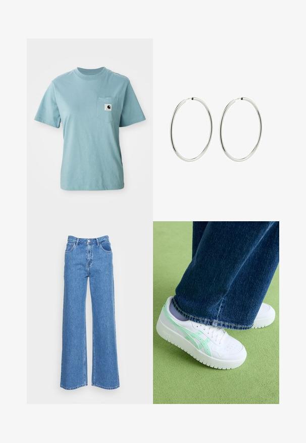 Lichtblauw katoenen T-shirt met korte mouwen en een borstzak, voorzien van een klein zwart-wit Carhartt logo patch.; Blauwe denim wijde jeans met een hoge taille, voorzien van twee voorzakken en een knoopsluiting. De stof heeft een licht gestructureerde afwerking.; Witte sneakers met mintgroene accenten, bovenwerk van soepel leer, geperforeerde neus, dikke zool, gedragen met blauwe spijkerbroek, op groene ondergrond.; Zilveren ringoorbellen met een gladde, gepolijste afwerking. Cirkelvormig, met een constante breedte, ontworpen voor gemakkelijke sluiting. Eenvoudig en elegant.