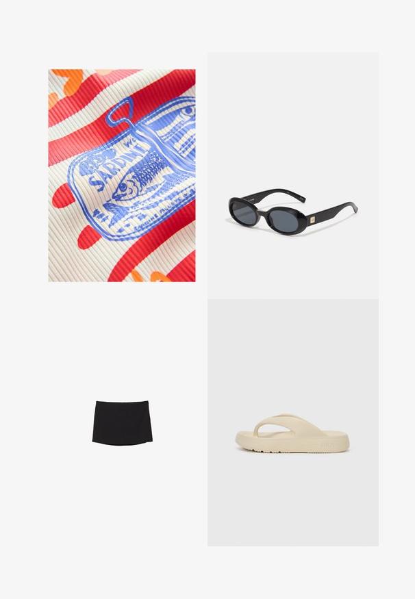 Next REGULAR FIT - RACER TANK SLEEVELESS - Top - white red; Sort miniskørt lavet af glat, strækbart stof; har et lige snit med en subtil kant og ingen synlige lukkemekanismer eller mønstre.; Beige flip-flop sandal lavet af gummi, med en enkelt tåstrop og en tyk sål med skridsikker mønster. Præget med Fila-logoet.; Sorte ovale solbriller med mørke linser, glansfuld plastikramme, brede arme og en lille gul accent på den ene side.