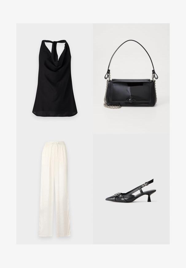 Top senza maniche nero con scollo drappeggiato, schiena bassa con chiusura a fiocco e silhouette fluida. Realizzato in tessuto leggero.; Pantaloni bianchi larghi con una consistenza leggera e satinata. Presentano una vita elastica con un cordoncino da annodare e un motivo sottile.; Scarpa slingback nera in pelle con punta affusolata, cinturini decorativi con occhielli metallici e tacco basso a blocco. Superficie testurizzata.; Borsa a tracolla in vernice nera con forma rettangolare, tracolla a catena e un distintivo accessorio in metallo al centro. Texture liscia.