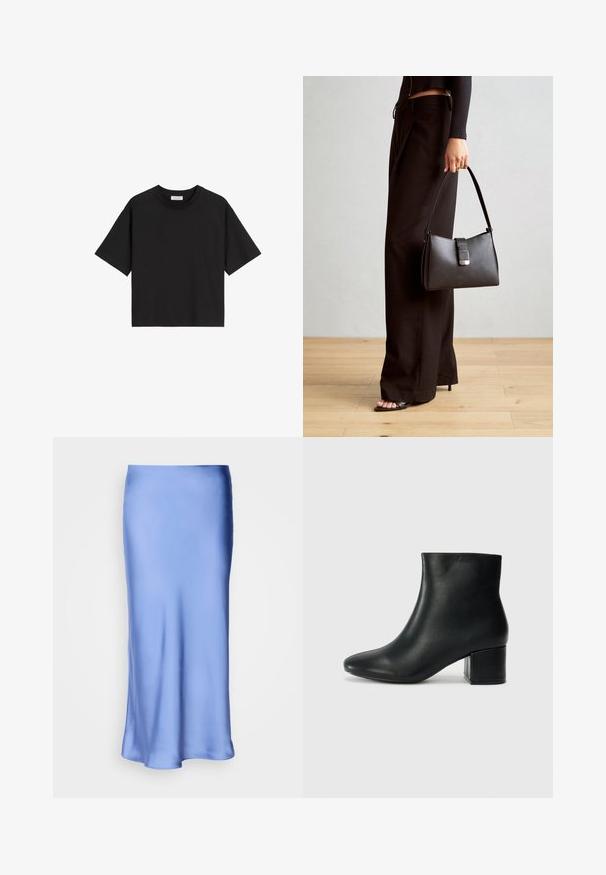 Zwarte katoenen t-shirt met korte mouwen, een ronde hals en een ontspannen pasvorm. Gladde textuur en eenvoudig ontwerp zonder patronen of versieringen.; Satijnen blauwe midi-rok met een gladde, glanzende afwerking. Uitlopende silhouet, de zoom loopt zachtjes gebogen, waardoor het vloeiende ontwerp wordt benadrukt.; Zwarte leren enkellaarzen met een spitse neus en een chunky hak. Gladde textuur met minimale accenten en een slank, strakk ontwerp.; Zwarte handtas met gestructureerde vorm, gladde textuur en een metalen sluiting. Gecombineerd met brede zwarte broeken en sandalen met open teen op een houten vloer.