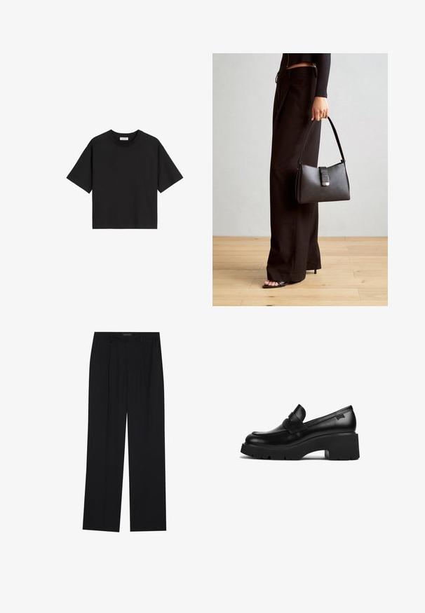 Svart bomull t-shirt med korta ärmar, rundad halsringning och avslappnad passform. Mjuk textur och enkel design utan mönster eller dekorationer.; Svarta byxor med rak passform, som har två framfickor och midjeband. Tillverkade av ett mjukt, lätt tyg.; Svart läder loafers med chunky klack och tjock sula, med en remdetalj över toppen, visad från sidan mot en vit bakgrund.; Svart handväska med strukturerad form, slät yta och metallspänne. Matchad med vida svarta byxor och sandaler med öppen tå på trägolv.