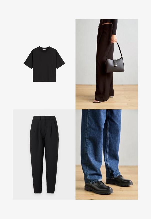 Schwarzes Baumwoll-T-Shirt mit kurzen Ärmeln, Rundhalsausschnitt und lockerer Passform. Glatte Textur und schlichtes Design ohne Muster oder Verzierungen.; Schwarze Hose mit geradem Schnitt, die auf der Vorderseite Falten hat, eine glatte Textur und seitliche Taschen bietet. Der Bund hat eine Standardhöhe.; Schwarze Lederschuhe mit einer runden Zehenpartie, Schnürdesign und dicker, strukturierter Gummisohle, kombiniert mit lässig sitzenden blauen Jeans.; Schwarze Handtasche mit strukturierter Form, glatter Textur und einem metallischen Verschluss. Kombiniert mit weiten schwarzen Hosen und offenen Sandalen auf einem Holzboden.