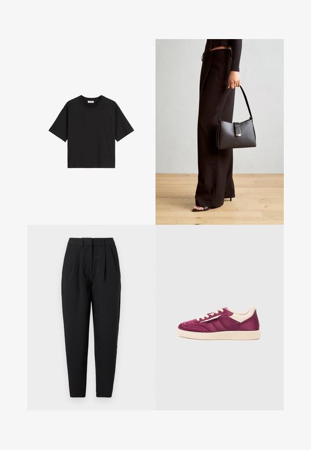 Zwarte katoenen t-shirt met korte mouwen, een ronde hals en een ontspannen pasvorm. Gladde textuur en eenvoudig ontwerp zonder patronen of versieringen.; Zwarte pantalon met een rechte pasvorm, voorzien van plooien aan de voorkant, een gladde structuur en zijzakken. De tailleband heeft een standaardhoogte.; Paarse leren sneaker met beige accenten, met een ronde neus, vetersluiting aan de voorkant en zijstrepen. Textuurafwerking op het bovenwerk.; Zwarte handtas met gestructureerde vorm, gladde textuur en een metalen sluiting. Gecombineerd met brede zwarte broeken en sandalen met open teen op een houten vloer.