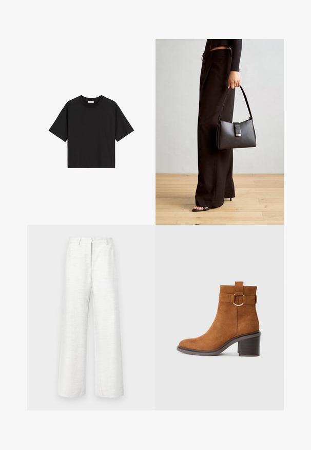 Schwarzes Baumwoll-T-Shirt mit kurzen Ärmeln, Rundhalsausschnitt und lockerer Passform. Glatte Textur und schlichtes Design ohne Muster oder Verzierungen.; Weit geschnittene Hosen aus leichtem weißen Leinen mit einer dezenten strukturierten Oberfläche, ausgestattet mit einer Vorderfalte und einem Standardbund.; Braune Wildleder-Ankle-Boots mit abgerundetem Zehenbereich, Blockabsatz und einem dekorativen Riemen mit einer runden Schnallendetail.; Schwarze Handtasche mit strukturierter Form, glatter Textur und einem metallischen Verschluss. Kombiniert mit weiten schwarzen Hosen und offenen Sandalen auf einem Holzboden.