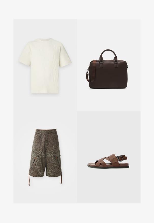 T-shirt côtelé beige clair avec des manches courtes et un col rond, présenté sur un fond blanc uni.; Shorts cargo camouflés en vert et marron avec un motif léopard, dotés de plusieurs poches, de cordons de serrage réglables et de détails de couture renforcée.; Sandales en cuir marron avec des lanières croisées, boucle ajustable, semelle plate et texture lisse. Design minimaliste dans une couleur neutre.; Sac à ordinateur en cuir marron avec une surface texturée, deux poignées supérieures, une bandoulière réglable et deux boucles à l'avant pour un détail supplémentaire.