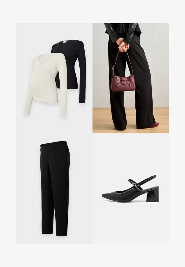 To lange ermavsnitt graviditetstopper: en i lys kremfarge, den andre i svart. Begge har en omslagdesign og myk tekstur.; Svart bukser med et glatt, stretchy stoff. Har elastisk midje og sidelommer. Rett ben design for en avslappet passform.; Sorte lakk lær slingback hæler med spiss tå, et avrundet utskjæringsdesign og blokkheel. Har en gulltone spenne som detalj.; Burgunderfarget skinnhåndveske med en sløyfedetalj, med en tynn stropp og gulldetaljer, holdt av en person iført svarte bukser.