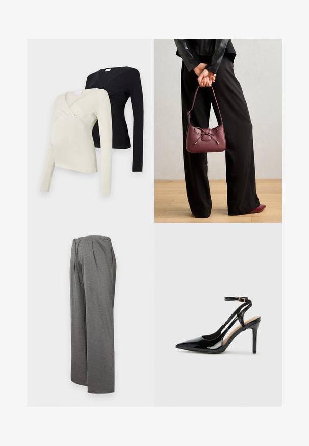 Dve dolgoročne nosečniške majice: ena v svetli kremni barvi, druga v črni. Obe imata obliko ovitek in mehko teksturo tkanine.; Sive široke hlače iz mehke, lahke tkanine. Imajo elastičen pas in sprednje bodice, kar zagotavlja udobno prileganje.; Črne lakaste usnjene čevlje na visoki peti z odprtim petnim delom, usnjeni trak za prilagoditev okrog gležnja in z ozkimi stranskimi odprtinami. Gladka tekstura.; Bordo usnjeni ročni torbici z detajlom mašne, ki ima tanek trak in zlato-tonirano strojno opremo, jo drži oseba v črnih hlačah.