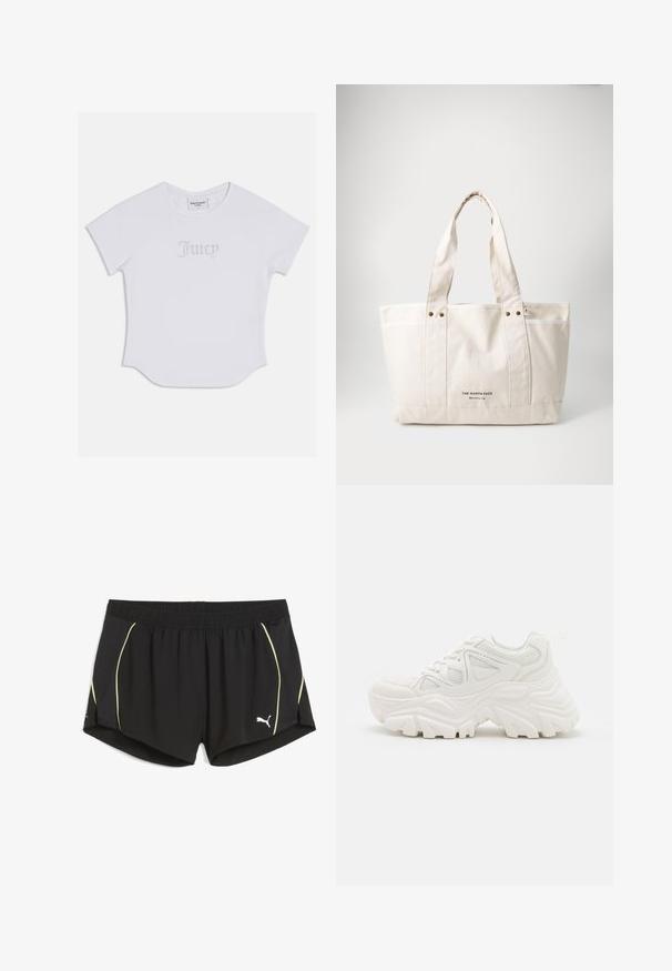 Witte T-shirt met korte mouwen en een afgeronde zoom, met "Juicy" in kristallen versieringen op de voorkant. Zacht katoenmateriaal.; Zwarte sportieve shorts van lichtgewicht materiaal, met gele zijaccenten en een elastische tailleband. Logo geplaatst aan de onderkant links.; Witte chunky sneakers met een textuur bovenwerk, meshpanelen en dikke rubberen zolen met een uitgesproken profiel. Inclusief veters en een aantreklip.; Canvas draagtas in lichtbeige met twee stevige handvatten, contrasterende witte afwerking en het logo "THE NORTH FACE" in het zwart aan de voorkant.