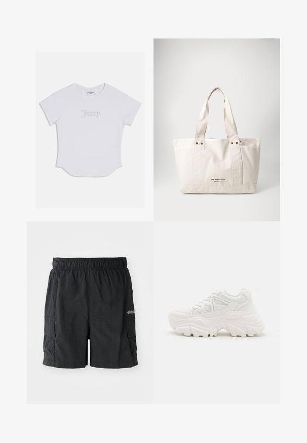 White short-sleeve T-shirt with rounded hem, featuring "Juicy" in crystal embellishments on the front. Soft cotton material.; Black cargo shorts made of lightweight fabric, featuring an elastic waistband, side pockets, and a logo on the lower right side.; White chunky sneakers featuring a textured upper, mesh panels, and thick rubber soles with prominent tread pattern. Laces and pull tab included.; Canvas tote bag in light beige with two sturdy handles, contrasting white trim, and logo "THE NORTH FACE" in black at the front.