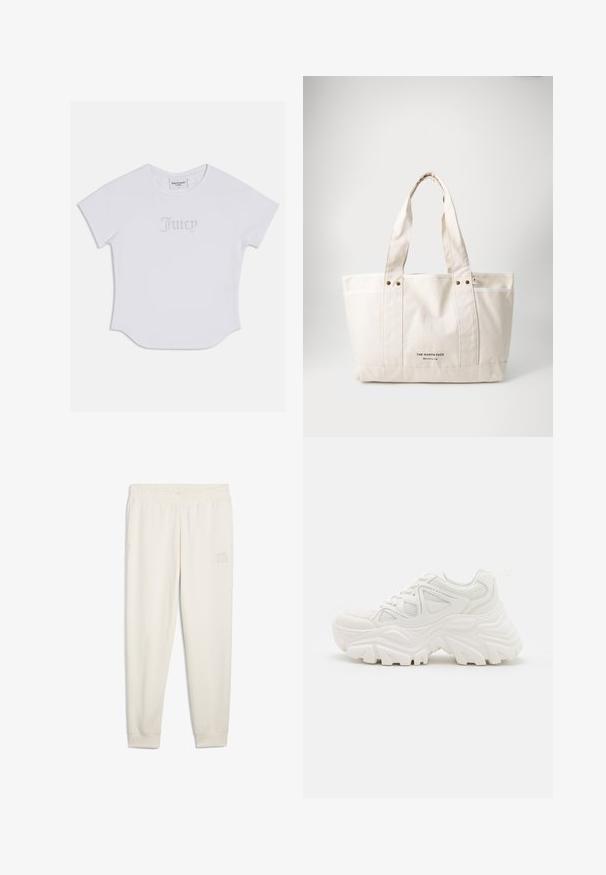 White short-sleeve T-shirt with rounded hem, featuring "Juicy" in crystal embellishments on the front. Soft cotton material.; Cream-colored sweatpants made of soft fabric, featuring an elastic waistband, side pockets, and a small logo patch on the left thigh.; White chunky sneakers featuring a textured upper, mesh panels, and thick rubber soles with prominent tread pattern. Laces and pull tab included.; Canvas tote bag in light beige with two sturdy handles, contrasting white trim, and logo "THE NORTH FACE" in black at the front.