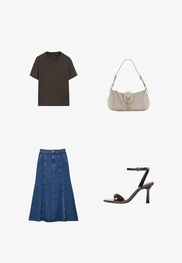 T-shirt en coton marron foncé, à manches courtes, avec un col rond et une texture lisse. Sans motifs ni graphiques.; Jupe longue en denim bleu avec boutons à l'avant, poches latérales et détails de coutures verticales, s'évasant légèrement vers l'ourlet.; Sandale à talon haut en cuir verni marron avec une bride de cheville, bout ouvert et un design épuré et minimaliste. Présente un talon carré.; Sac à main en cuir gris clair avec une forme courbée, ferrures dorées, un fermoir avant et des détails de couture. Bandoulière ajustable incluse.