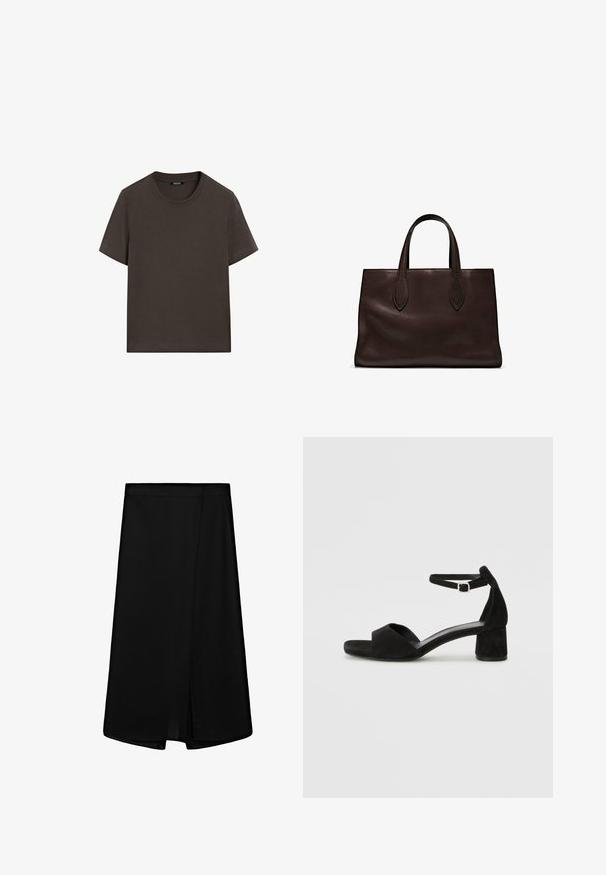 Dunkelbraunes Baumwoll-T-Shirt mit kurzen Ärmeln, Rundhalsausschnitt und glatter Textur. Hat keine Muster oder Grafiken.; Schwarzer knielanger Rock mit hoher Taille und einem Schlitzdetail vorne.; Schwarze Wildleder-Espadrilles mit einem dünnen Knöchelriemen, offener Zehenpartie und moderatem Blockabsatz. Glatte Textur und minimale Akzente.; Braune Ledertasche mit zwei langen Griffen, strukturierte rechteckige Form, glatte Textur und dezente Nähdetails.