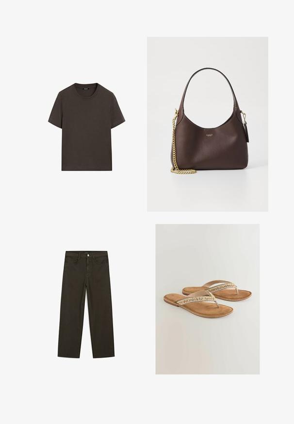Mørkebrun bomulds t-shirt med korte ærmer, rund halsudskæring og en glat tekstur. Har ingen mønstre eller grafikker.; Mørkegrønne brede jeans lavet af en bomuldsblanding, med en frontlukning med knap, fem lommer og klassisk denim-syning.; Tan flip-flop sandaler med en polstret sål, der har flettede beige, hvide og gyldne detaljer på remmen for ekstra detaljer.; COACH BROOKLYN SHOULDER BAG 23 - Håndtasker - maple