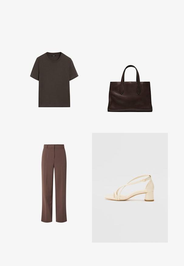 T-shirt di cotone marrone scuro con maniche corte, scollatura a girocollo e una texture liscia. Non presenta motivi né grafiche.; Pantaloni marroni a vita alta, sartoriali, con passanti per cintura e chiusura con zip frontale, caratterizzati da un fit dritto.; Sandali con tacco beige a blocco, design con cinturini, e cinturino alla caviglia regolabile, realizzati in materiale sintetico liscio con finitura opaca.; Borsa a spalla in pelle marrone con due manici lunghi, forma rettangolare strutturata, texture liscia e dettagli di cucitura sottili.