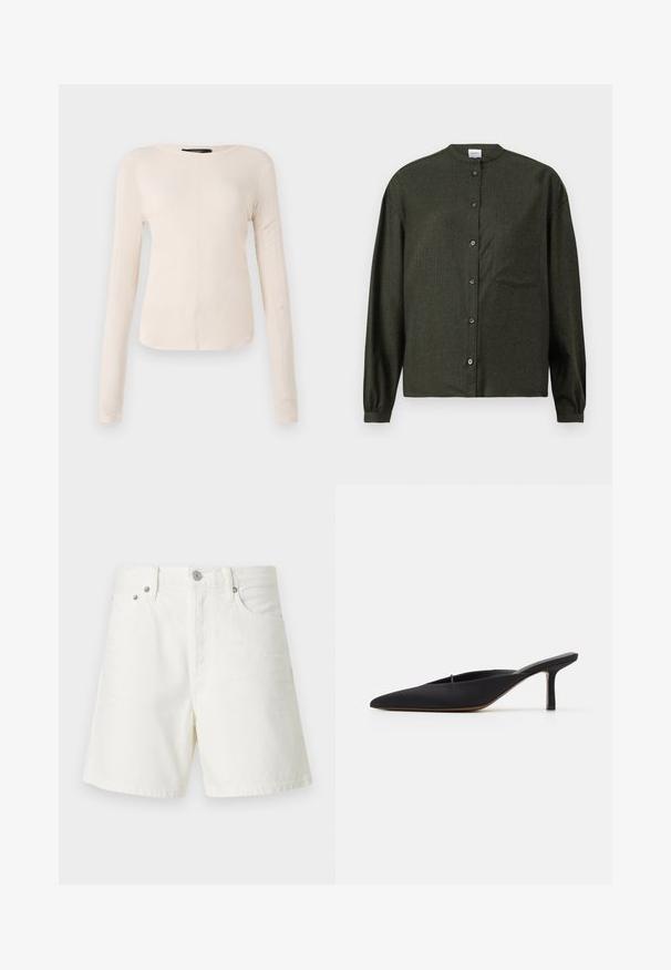 Langsleeve, lichtbeige top met een ronde halslijn. Gemaakt van zachte stof, heeft een centrale naad en een iets gebogen rand. Geen zichtbare hardware.; Donkergroen blouse met opstaand kraagje, lange mouwen, borstzak en een gladde, gestructureerde stof.; Witte denim shorts met een rechte snit, vijf zakken, voorste knoopsluiting, zilveren hardware en gestikte details.; Zwarte muiltje met spitse neus en een strak ontwerp, gemaakt van gladde stof, met een slanke hak en open achterkant voor gemakkelijk aan- en uittrekken.