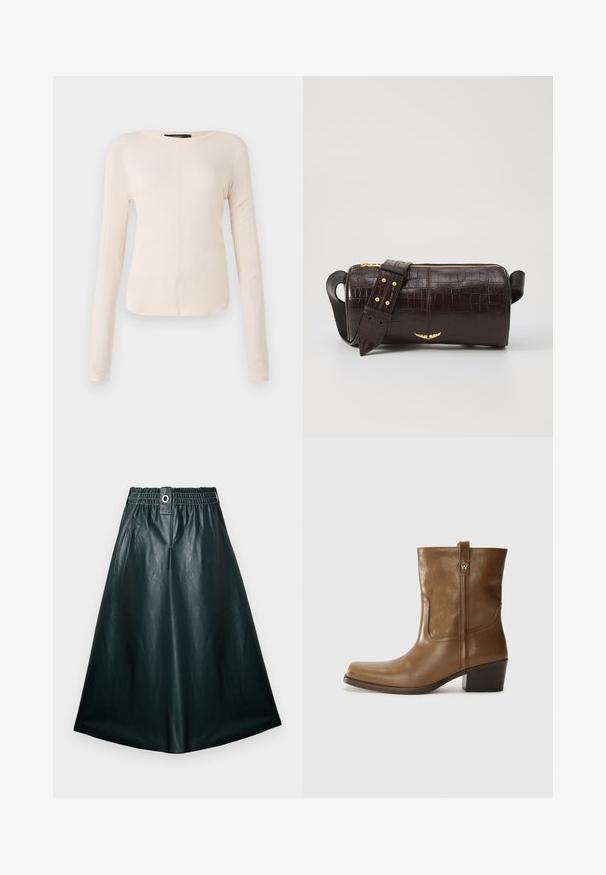 Långärmad, ljusbeige topp med rund halsringning. Tillverkad i mjukt material, har en central söm och något rundad nederkant. Inga synliga detaljer.; Mörkgrön läder midi kjol med resår i midjan, framknappar och en mjuk, blank yta. A-linjeform utan fickor.; Brun läderankelsk boot med fyrkantig tå, texturerad yta och låg staplad klack. Har en bakre dragflik och subtila sömnadsdetaljer.; Brun kroko präglat läderväska med cylindrisk form, guldfärgad hårdvara och ett avtagbart band med nitar.