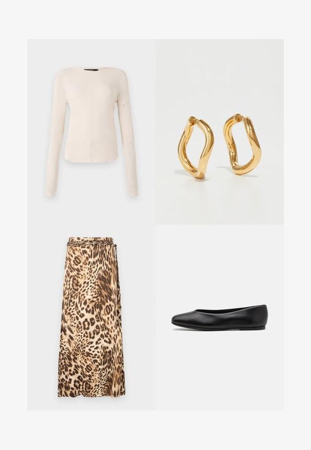 Haut à manches longues, beige clair avec un col rond. Fait dans un tissu doux, il présente une couture centrale et un ourlet légèrement courbé. Pas de métal visible.; Jupe maxi fluide imprimée léopard dans des tons beige et marron avec un détail de taille tressé. Tissu doux avec une silhouette drapée.; Paul Smith TOPANGA - Ballerines - black; Boucles d'oreilles en forme de cerceau de couleur dorée avec une forme courbée et irrégulière et une texture lisse et polie. Aucun matériel ou accent visible.