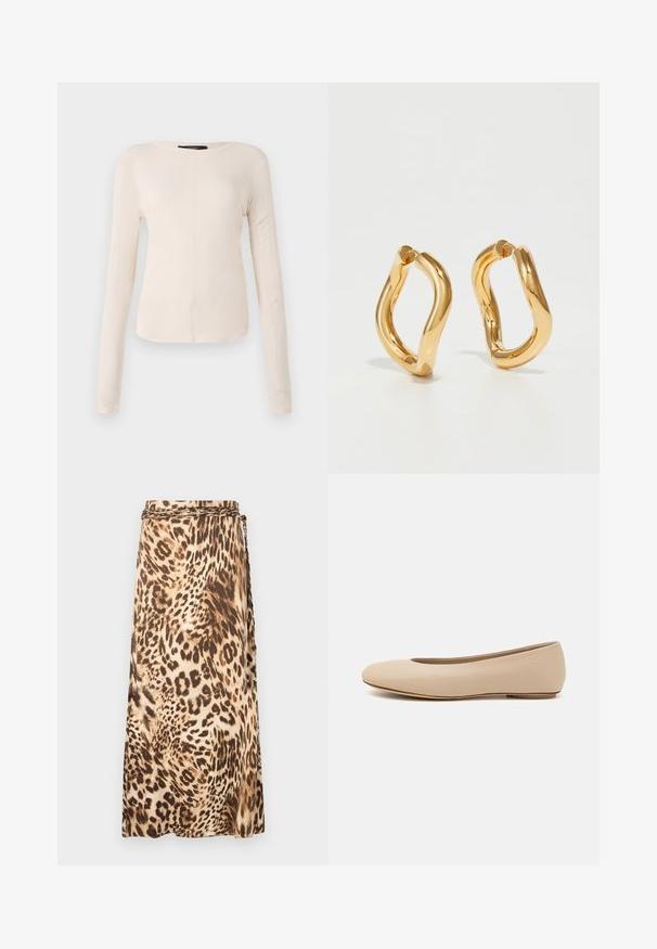 Haut à manches longues, beige clair avec un col rond. Fait dans un tissu doux, il présente une couture centrale et un ourlet légèrement courbé. Pas de métal visible.; Jupe maxi fluide imprimée léopard dans des tons beige et marron avec un détail de taille tressé. Tissu doux avec une silhouette drapée.; Ballerines en cuir beige avec un bout arrondi, un minimum de coutures, un petit talon et un logo subtil à l'arrière. Texture lisse et mate.; Boucles d'oreilles en forme de cerceau de couleur dorée avec une forme courbée et irrégulière et une texture lisse et polie. Aucun matériel ou accent visible.