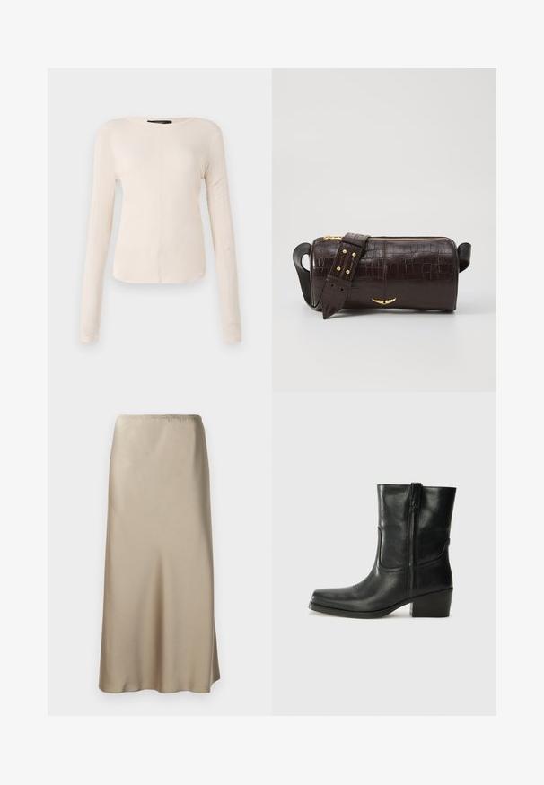 Top cu mânecă lungă, de culoare bej deschis, cu decolteu rotund. Realizat dintr-un material moale, prezintă o cusătură centrală și un tiv ușor curbat. Fără elemente de prindere vizibile.; Fustă midi din satin, de culoare bej deschis, cu un brâu elastic, textură netedă și o formă fluidă în A. Fără modele vizibile sau accesorii.; Botine din piele neagră, cu vârf rotund, toc pătrat, fermoar pe lateral și accente de cusături pe partea superioară. Textură netedă, design clasic.; Geantă din piele căptușită cu un model de crocodil de culoare maro, cu o formă cilindrică, accesorii de culoare aurie și un curea detasabilă cu tăieturi.