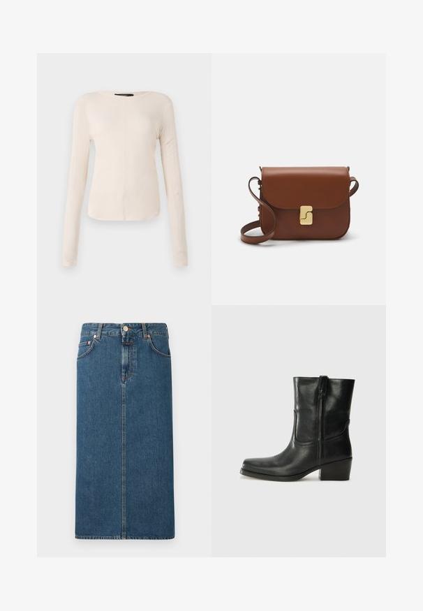 Ilgi piedurkņu, gaiši bēšas krāsas blūze ar apaļu dekoltē. Izgatavota no mīksta auduma, ar centrālo šuvi un nedaudz izliekta apakšmala. Nav redzamu papildus elementu.; Tumši zilā džinsu midi svārki ar taisnu piegriezumu, priekšējām kabatām un varakoka krāsas detaļām. Satur šuves gar vienošanu un pogu aizdari.; Melna ādas potīte ar noapaļotu purngalu, bloku papēdi, sānu rāvējslēdzēju un šuvju akcentiem uz virsmas. Gluda tekstūra, klasiskā dizaina.; Bordo ādas rokas soma ar atloku, zeltītām detaļām, plecu siksnu un gludu virsmu. Kompakta, taisnstūrveida forma.