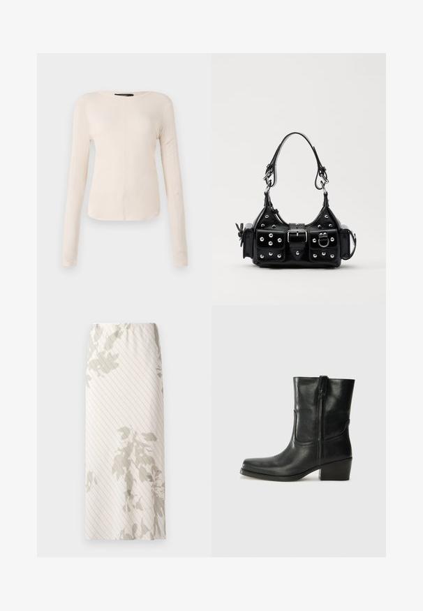 Top de manga larga, color beige claro, con cuello redondo. Fabricado en un tejido suave, presenta una costura central y un dobladillo ligeramente curvado. Sin herrajes visibles.; Falda blanca con un patrón de franjas estrechas y diseños florales en gris claro. Cintura elástica para un ajuste cómodo.; Botín negro de cuero hasta el tobillo con punta redondeada, tacón cuadrado, cremallera lateral y detalles de costura en el empeine. Textura suave, diseño clásico.; Bolso de mano de cuero negro con un diseño curvado, que cuenta con tachuelas plateadas, una hebilla y dos bolsillos laterales. Correa ajustable para opciones de transporte.
