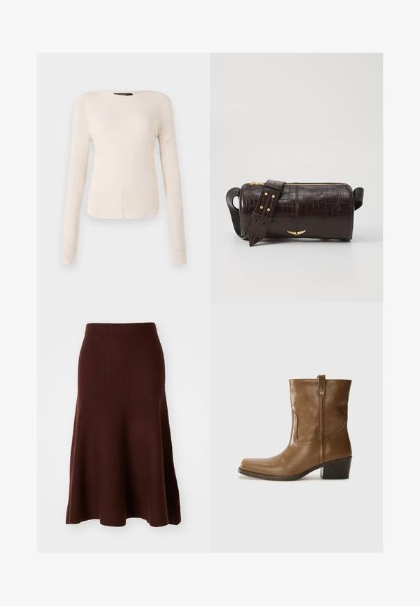 Dlouhý rukáv, světle béžový top s kulatým výstřihem. Vyrobeno z jemné látky, má středový šev a mírně zaoblený lem. Bez viditelné kovové úpravy.; Hnědá sukně z merinovlny, A-liniový tvar, hladká textura, délka ke kolenům s rozšířeným lemem, minimální švy, vhodná pro každodenní nošení.; Hnědé kožené kotníkové boty se čtveratou špičkou, texturovaným povrchem a nízkým zvýšeným podpatkem. Mají zadní poutko na obouvání a jemné prošívání.; Hnědá kabelka z krokodýlí kůže s embosováním, cylindrického tvaru, se zlacenými kovovými prvky a odnímatelným popruhem se hroty.