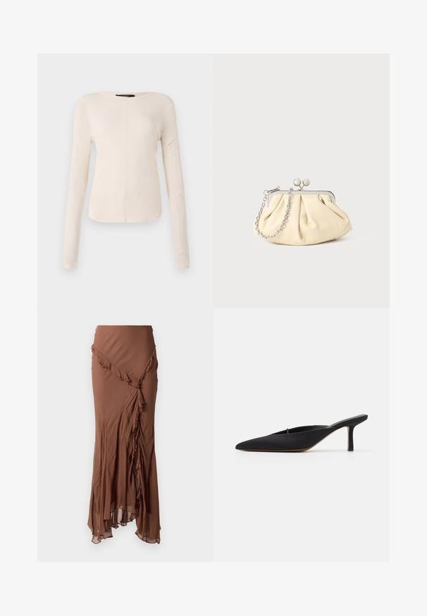 Haut à manches longues, beige clair avec un col rond. Fait dans un tissu doux, il présente une couture centrale et un ourlet légèrement courbé. Pas de métal visible.; Jupe longue marron en tissu léger. Présente un design à volants le long de l'ourlet asymétrique et une silhouette fluide.; Mule noir à bout pointu avec un design élégant, fabriqué en tissu lisse, présentant un talon fin et un dos ouvert pour faciliter l'enfilage.; Pochette en cuir beige plissé avec un cadre en métal argenté, dotée de deux fermoirs ronds décoratifs et d'une chaîne en argent.