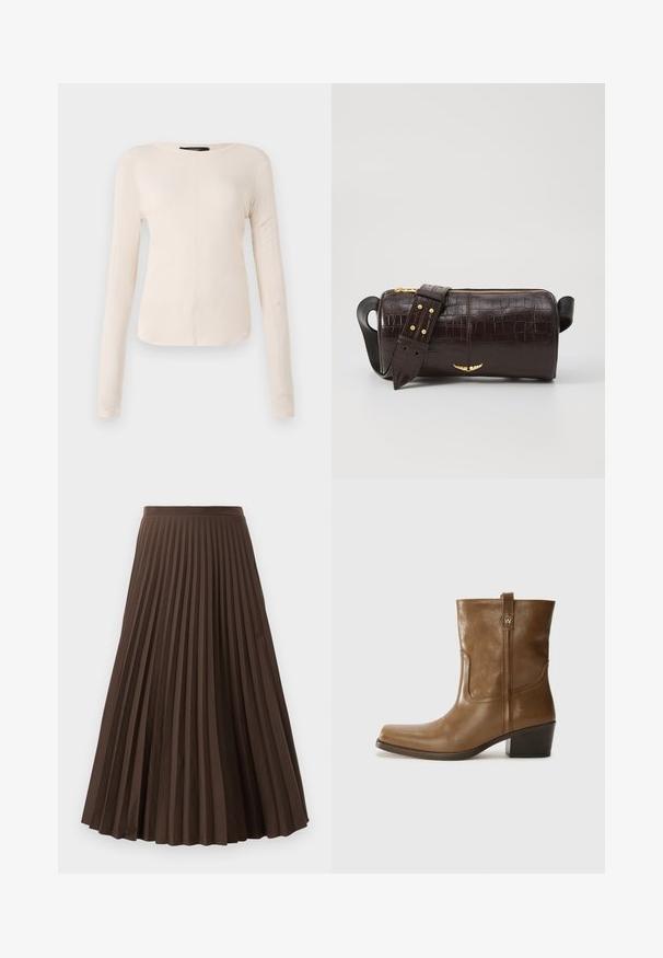 Dlhý rukáv, svetlo béžový top s okrúhlym výstrihom. Vyrobený z mäkkej látky, má stredový šev a mierne zakrivený spodný okraj. Bez viditeľného hardvéru.; Hnedá midi dĺžky plisovaná sukňa s priliehajúcim pásom a rovnomerne umiestnenými vertikálnymi skladmi, vystavená na bielom pozadí.; Hnedé kožené členkové topánky so štvorcovou špičkou, textúrovaným povrchom a nízkym vrstveným podpätkom. Obsahujú zadný úchyt a diskrétne prešívanie.; Hnedá taška z kože s embosovaným vzorom krokodíla, cylindrického tvaru, so zlatými hardvérovými doplnkami a odnímateľným popruhom so štítkami.